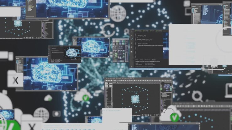 Rotating video wall displaying AI assistant LLM technology visualization