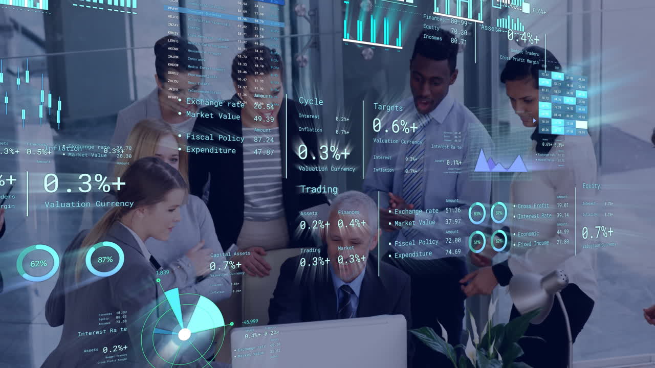 Financial data processing animation over diverse business team in office meeting
