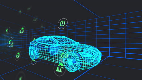 animación de múltiples iconos digitales sobre un modelo de coche 3d que se mueve en un patrón sin fisuras en un túnel