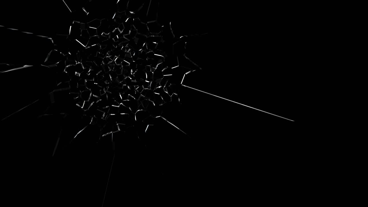 Glass breaking from impact, sharp shards flying on black. Dynamic shatter effect for action sequences or transitions, abstract destruction