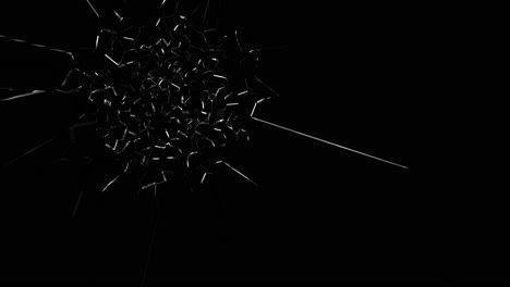 glass breaking from impact, sharp shards flying on black. dynamic shatter effect for action sequences or transitions, abstract destruction