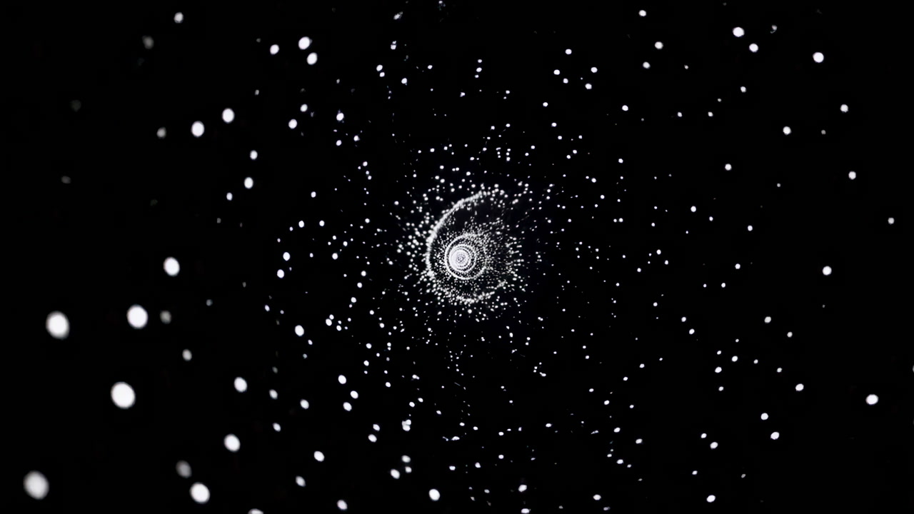 Swirling White Particles In Black Space, Hypnotic Spiral Forming Galaxylike Core, Slow Inward Motion