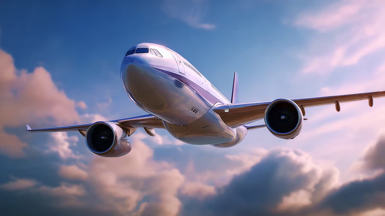Un maestoso aeroplano che spicca il volo sullo sfondo di nuvole vivaci mette in mostra le meraviglie dell'aviazione e la bellezza del cielo durante il giorno