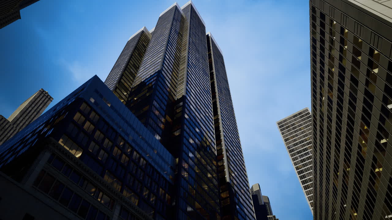 Tall skyscrapers reaching for the sky in an urban landscape at dusk