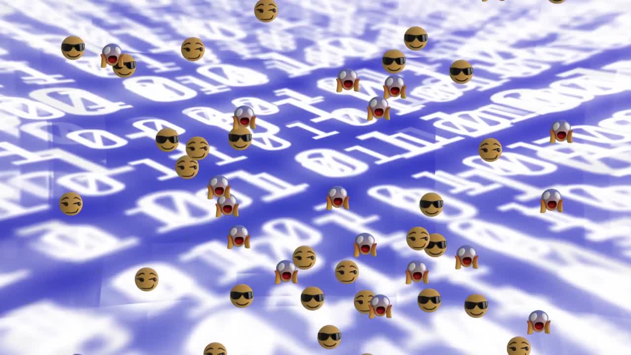 animación de emojis flotando sobre código binario sobre fondo azul