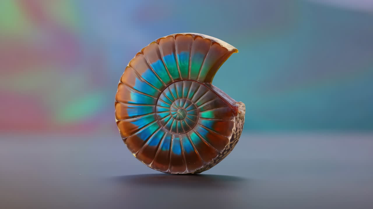 Primo piano di un fossile di ammonite iridescente e colorato