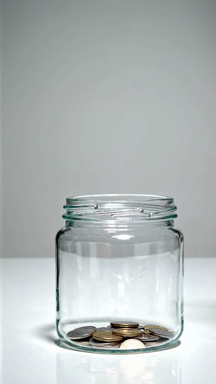 A video still of a glass jar with coins inside, shot from a low angle
