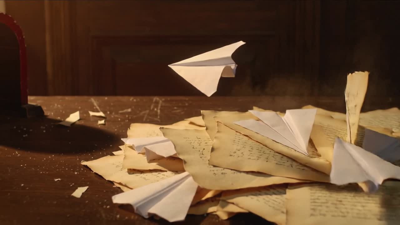 Lifting plane from pages in study by breeze, gliding into red mailbox delivering note, copy space