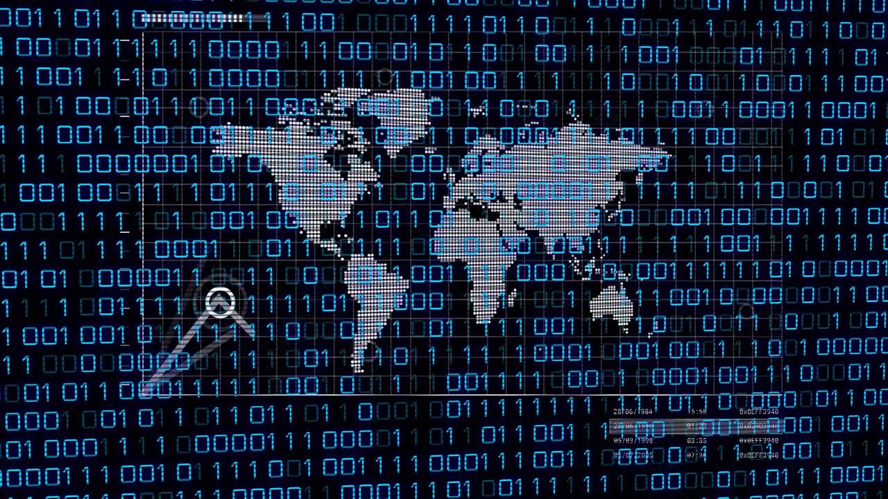 Scrolling binary digits starting map fading graph drawing retracting visualizing data peaks