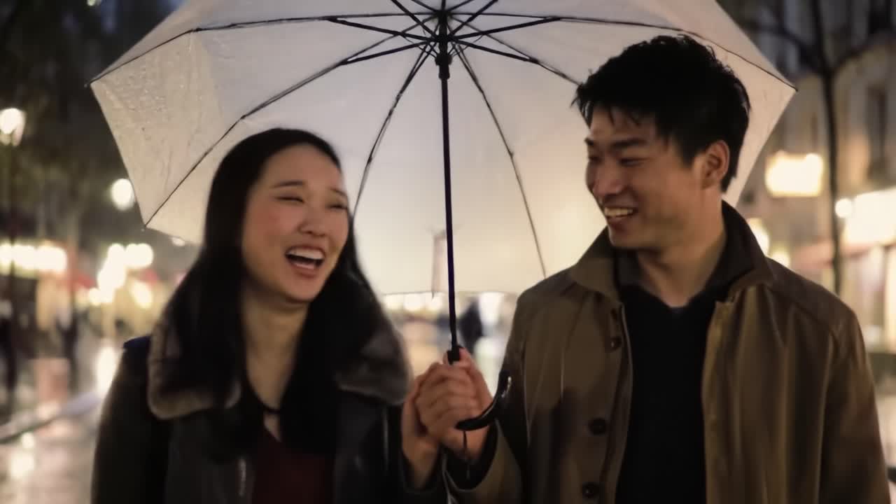 Joyful Moments Under the Rain: A Couple Walking Hand in Hand with an Umbrella, Sharing Laughter Amidst a Cozy, Rainy Evening in a Beautiful Urban Setting
