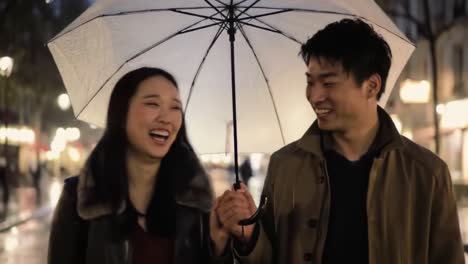 joyful moments under the rain: a couple walking hand in hand with an umbrella, sharing laughter amidst a cozy, rainy evening in a beautiful urban setting