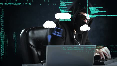 animación de nubes con iconos sobre hacker usando computadora portátil y procesamiento de datos