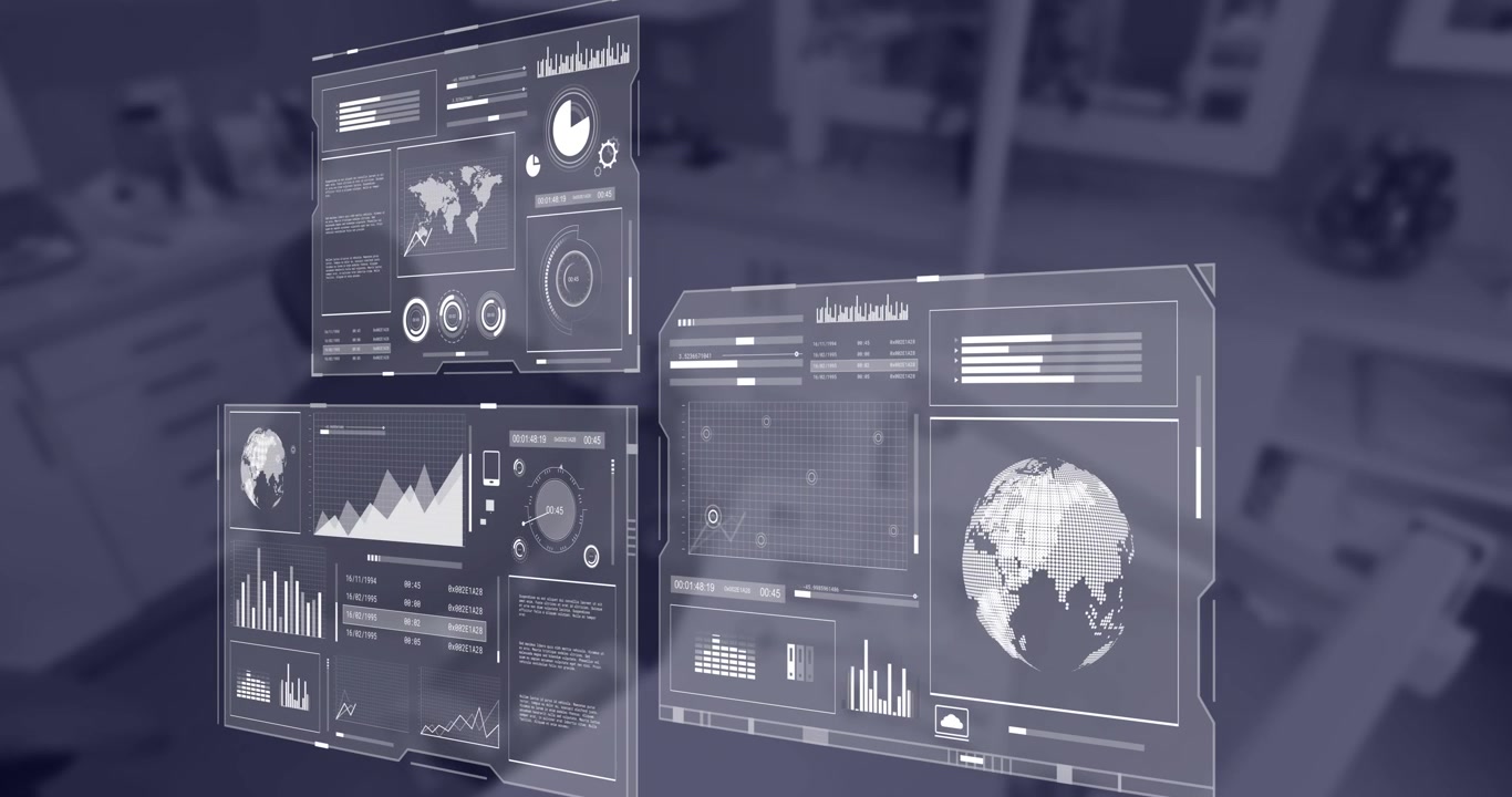 Animation of financial data processing over empty office