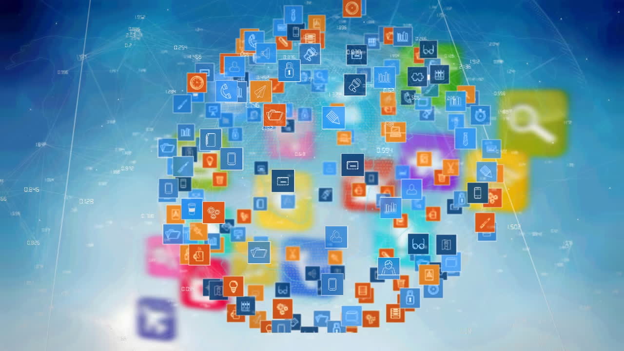 전 세계에 걸쳐 디지털 아이콘으로 연결된 네트워크의 애니메이션