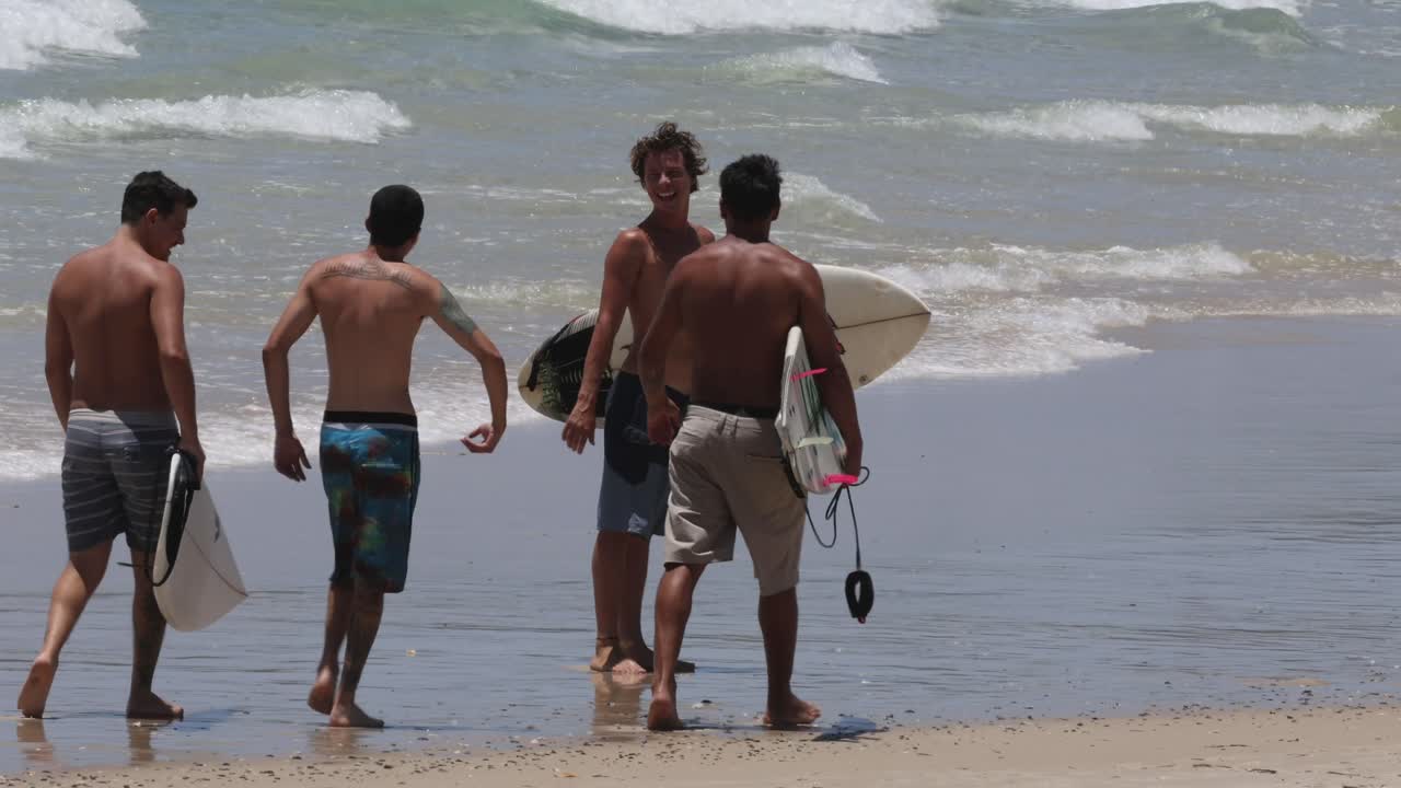 Gruppo di surfisti con le tavole su una spiaggia assolata