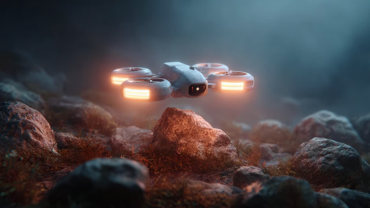 Aerial Exploration: A Cutting-Edge Drone Over Shadows and Rocks, Illuminating the Terrain with Its Bright LED Lights in a Mysterious Atmosphere