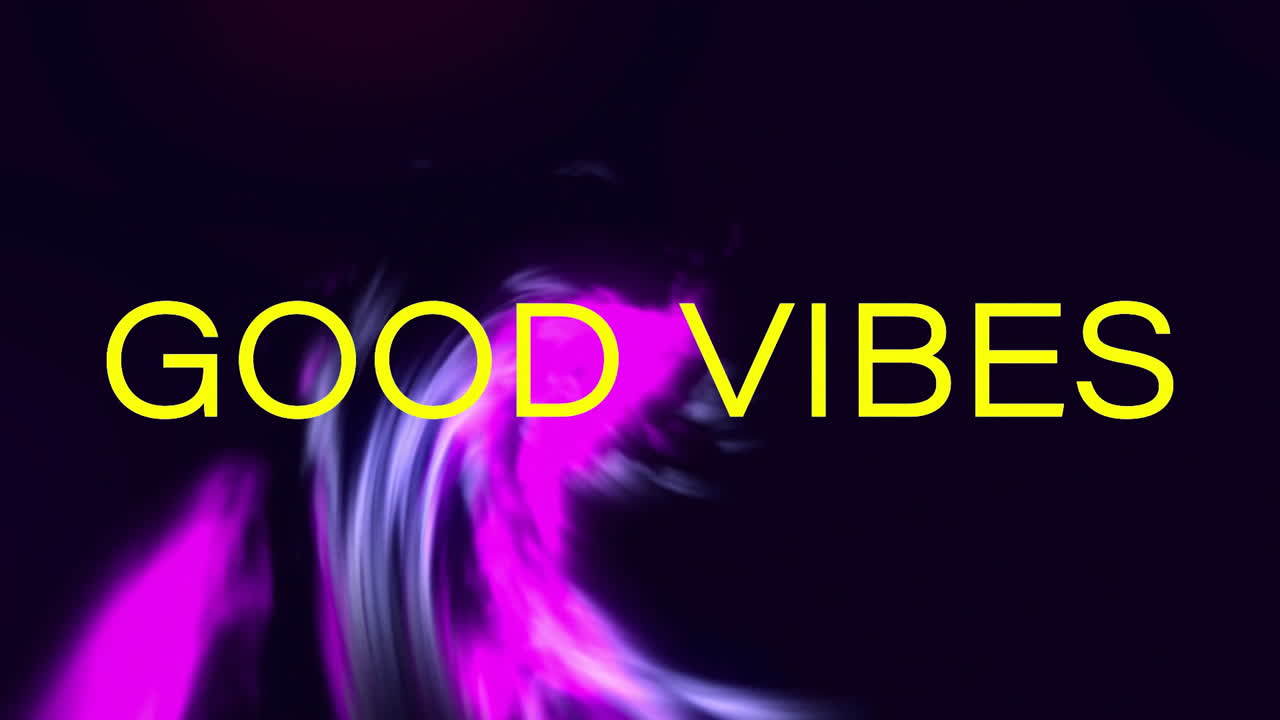 Animation of good vibes text over purple shapes