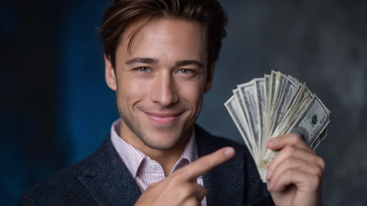 Un giovane uomo sicuro di sé mostra con orgoglio un ventaglio di contanti, esprimendo la sua soddisfazione e il suo successo nella gestione delle finanze con un sorriso carismatico e un atteggiamento coinvolgente