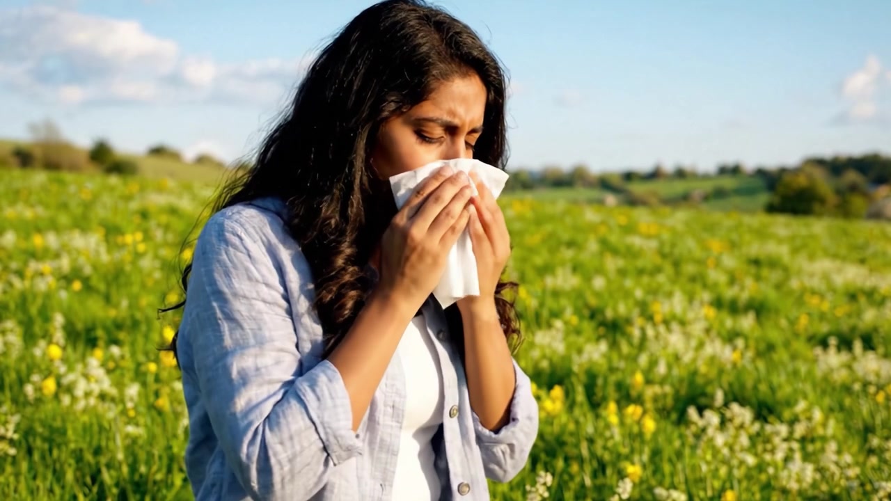 Een jonge vrouw in een serene weide: momenten van reflectie en vreugde vastleggen te midden van een weelderig groen landschap vol levendige wilde bloemen