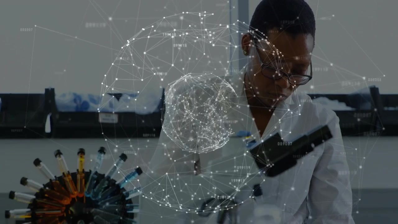 Lab researcher leaning forward, placing sample under microscope for study, network globe rotating