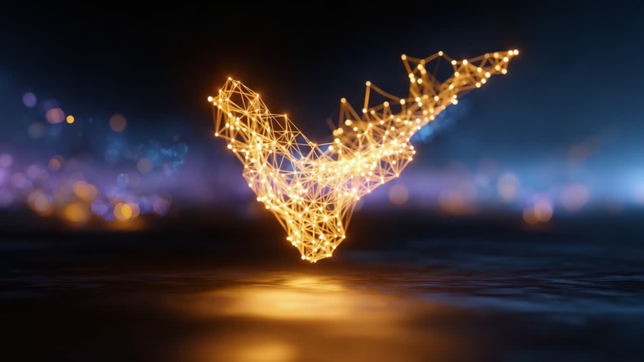 Una representación abstracta con un renderizado precioso de un águila estilizada en vuelo, compuesta por estructuras iluminadas similares a partículas sobre un fondo oscuro