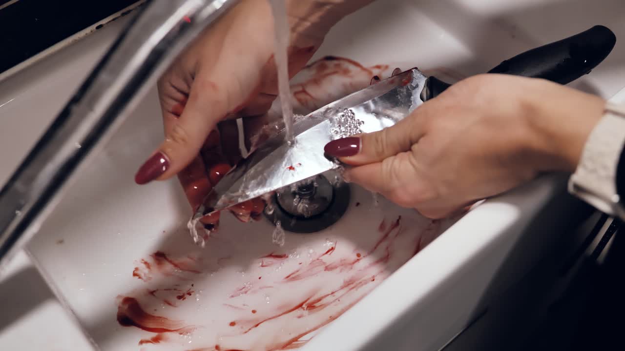 Woman washing blood from knife under running water hiding violent traces