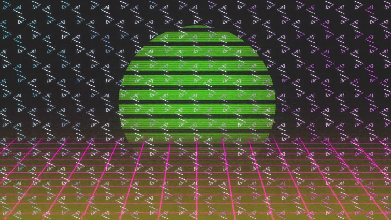 핑크색 그리드에 빛나는  ⁇ 빛 위에 움직이는  ⁇ 색 모양의 애니메이션