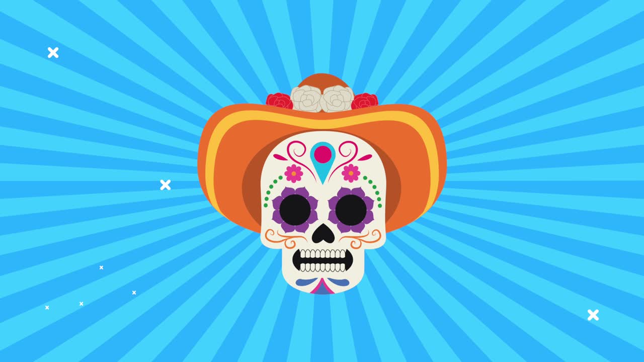 celebración del día de los muertos con la calavera usando sombrero