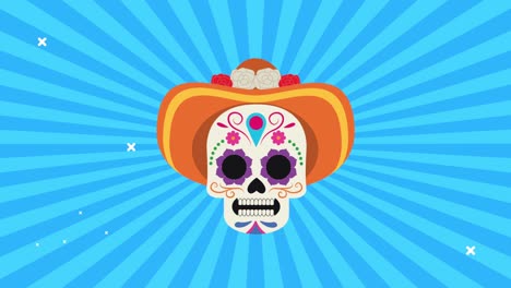 celebración del día de los muertos con la calavera usando sombrero