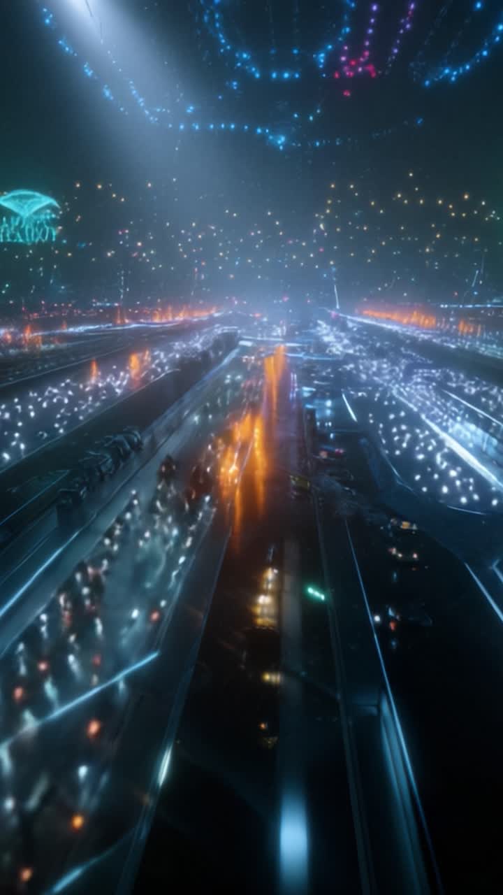 Un paesaggio urbano futuristico illuminato da luci vibranti e strade ad alta tecnologia, catturando l'essenza della vita urbana avanzata e dell'attività notturna.