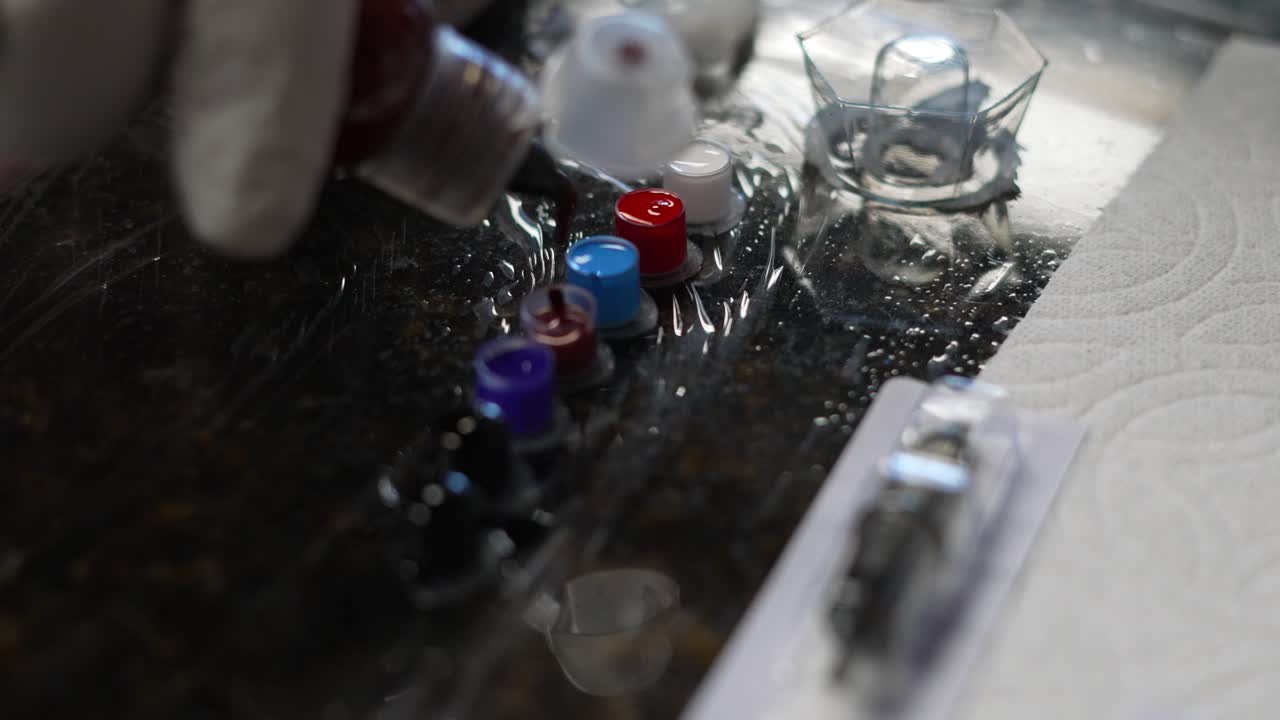 artista del tatuaje llenando tazas de tinta con tintas rojas, marrones, azules y negras mientras la toma de primer plano se enfoca en el reflejo en una envoltura retráctil desinfectada y color rojo en el fondo