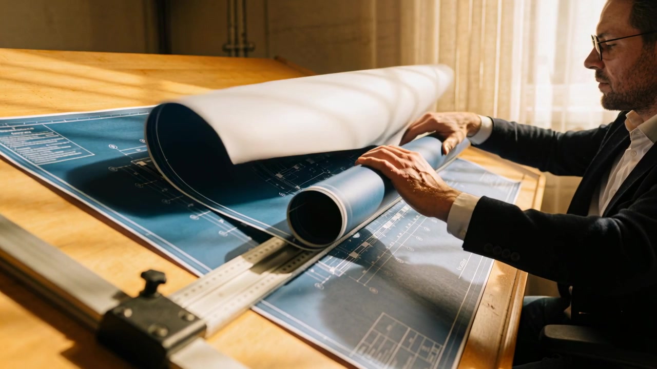 Lifting roll, engineer with glasses dark jacket unrolling blueprints for review at desk, copy space