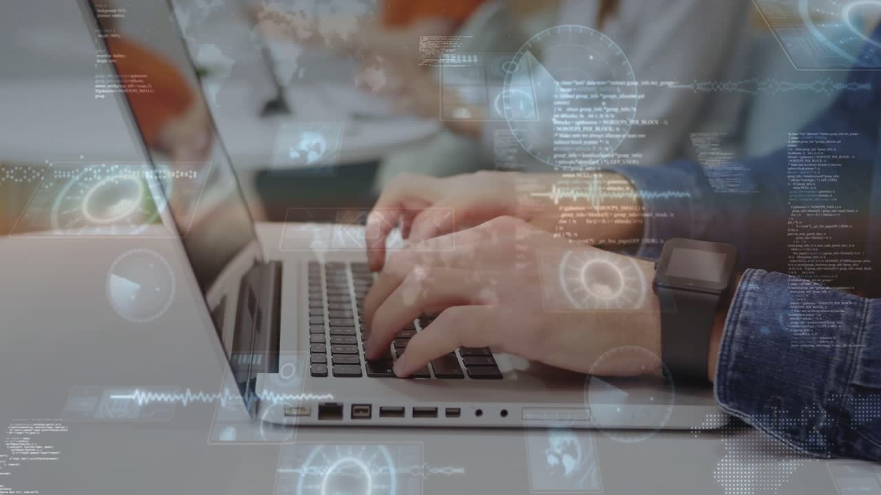 Vertical video: Male typing on laptop in classroom, causing HUD and code overlays for data entry