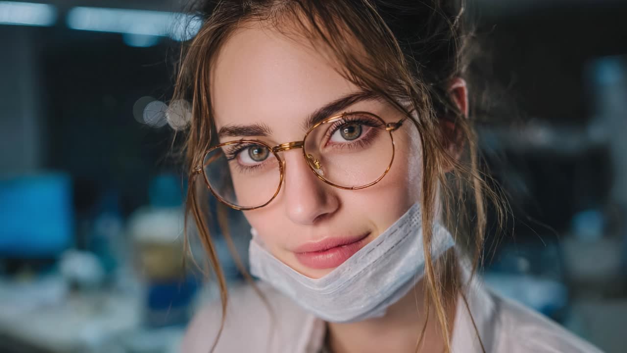 Focused Individual Wearing Glasses and a Facemask in a Professional Setting, Showcasing a Blend of Intelligence and Care in a Modern Work Environment