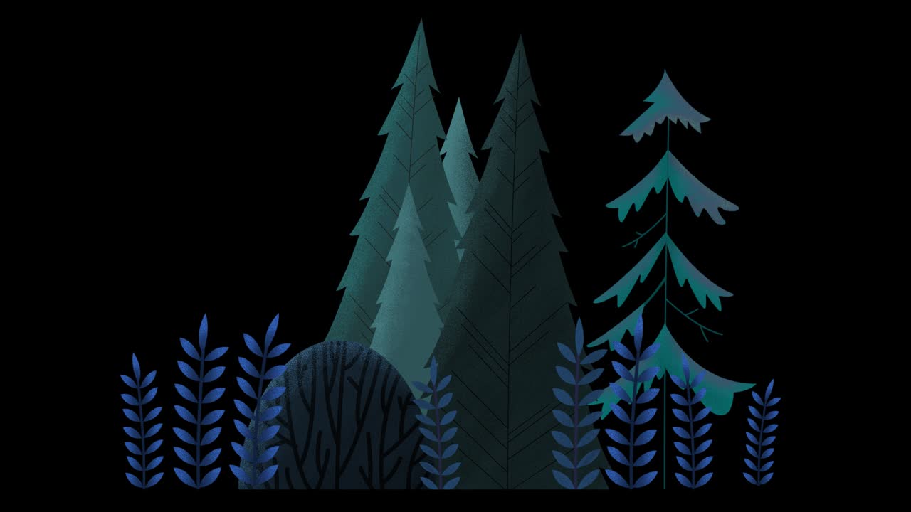 끊임없는 루프: 상록 나무, 풀과 덤불의 그룹, 바람에 흔들리는 파란색 앤스 녹색 안개 밤.