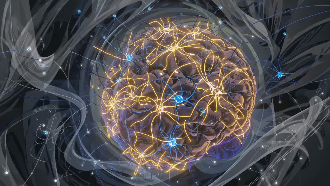 Glowing blue synaptic nodes spawning golden strands weaving across brain structure in grey tendrils