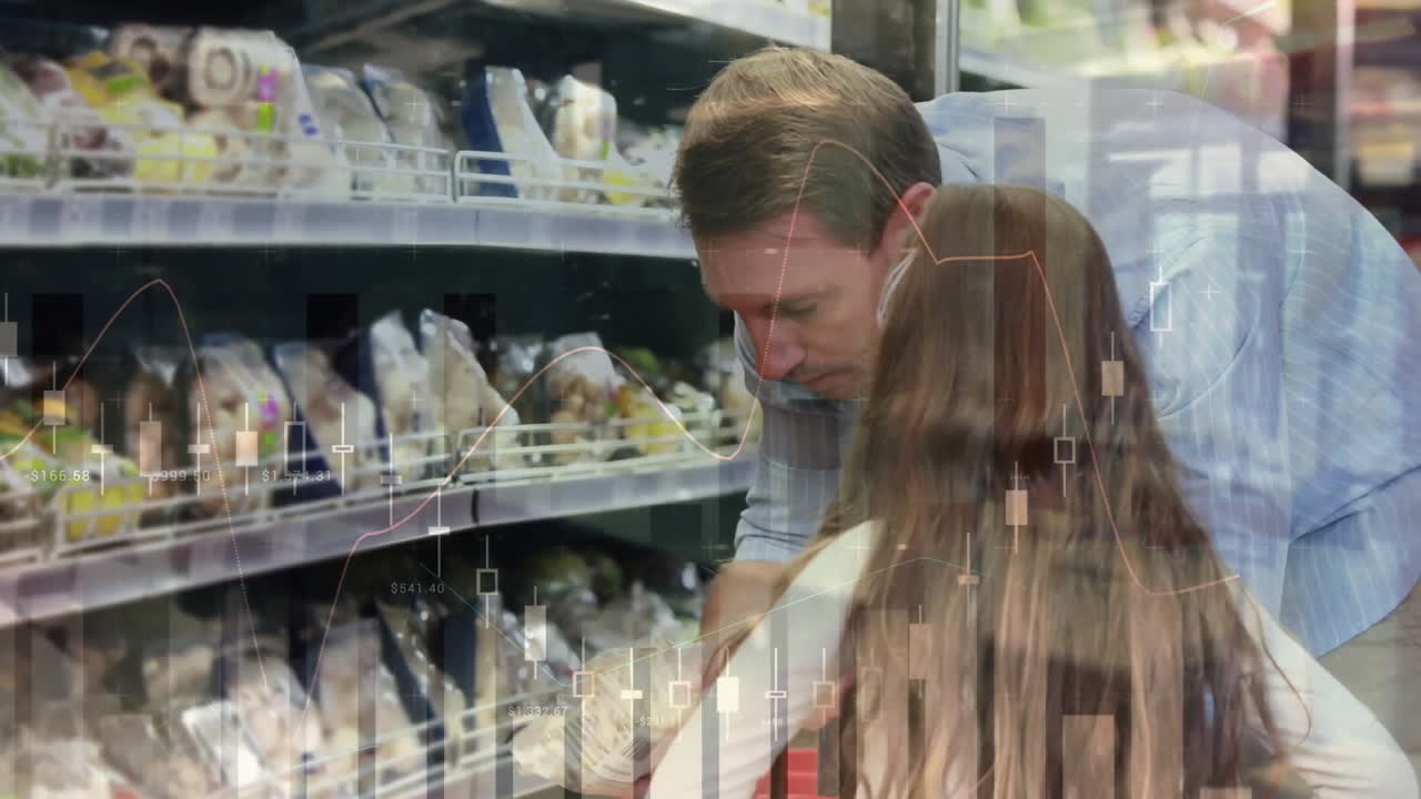 카우카시안 남자와 딸 쇼핑에 대한 금융 데이터 처리의 애니메이션