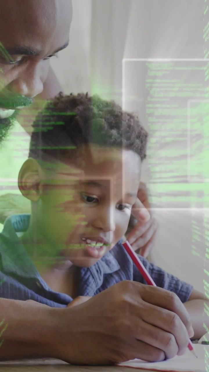 Vertical video: Dad pointing red pencil guiding son, teaching drawing, green overlay crossing hands