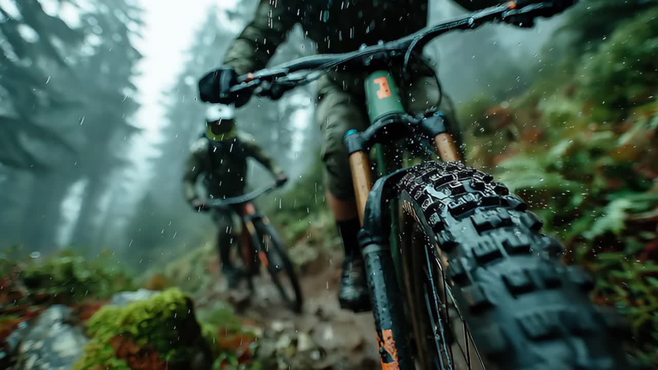 Adventure in the rain mountain biking through the forest