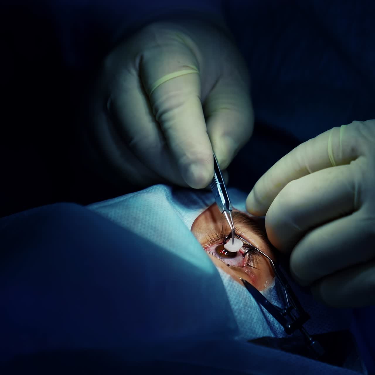 Ophthalmic surgery. Hands of an eye specialist with surgical instrument wiping patient's eye during operation. Process of eye treatment in operating room. Close-up