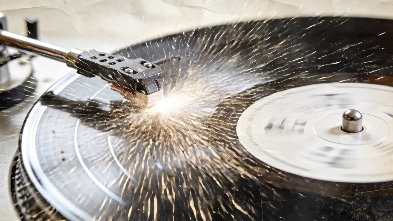 Braccio del giradischi che segue il solco, puntina che tocca il vinile e provoca un'esplosione di scintille che spruzza polvere, per audio.