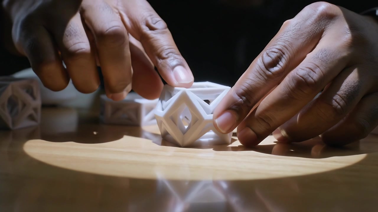 Placing male hands aligning hollow polyhedron on table under lamp, fitting triangle, dark sleeves