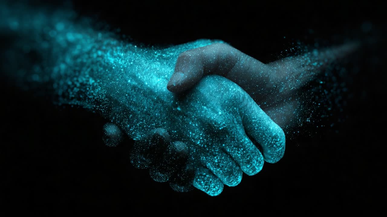 A Stunning Visual Representation of Unity and Connection Captured Through the Ethereal Image of Two Hands Shaking, Embodying Trust, Partnership, and Collaboration in a Digital Realm of Light and Particles