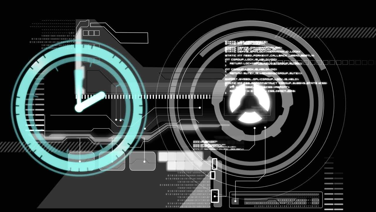 Animation of clock and data processing on black background