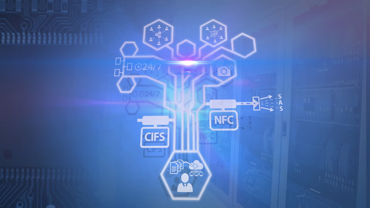 Network of digital icons against microprocessor connections and computer server room