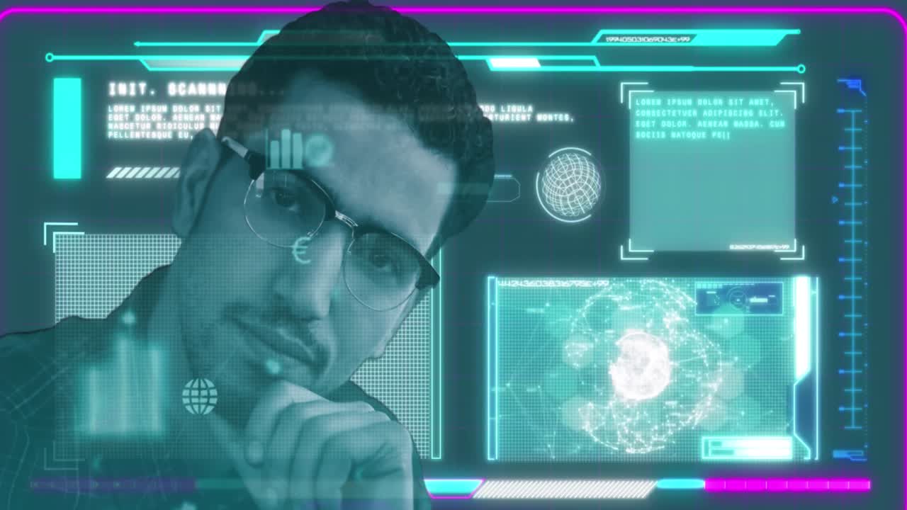 animación del procesamiento de datos sobre el hombre mirando a la cámara