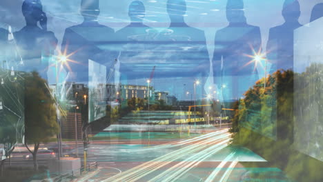 animation of data processing on digital interfaces over city and silhouettes of business people