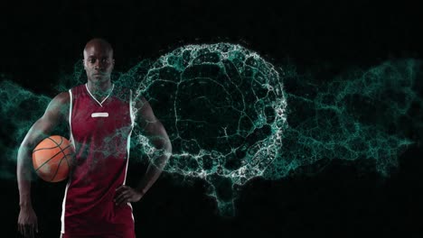 animation of digital brain spinning over male basketball player holding ball