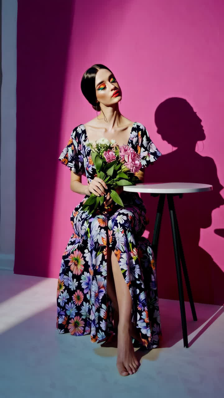 Woman in Floral Dress with Bouquet