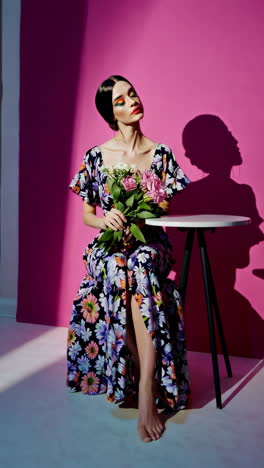 woman in floral dress with bouquet